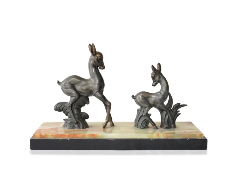 Pamono Vintage Art Deco Deer Sculpture Twin Deer Figurine on Marble Base