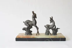 Pamono Vintage Art Deco Deer Sculpture Twin Deer Figurine on Marble Base