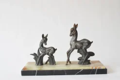 Pamono Vintage Art Deco Deer Sculpture Twin Deer Figurine on Marble Base