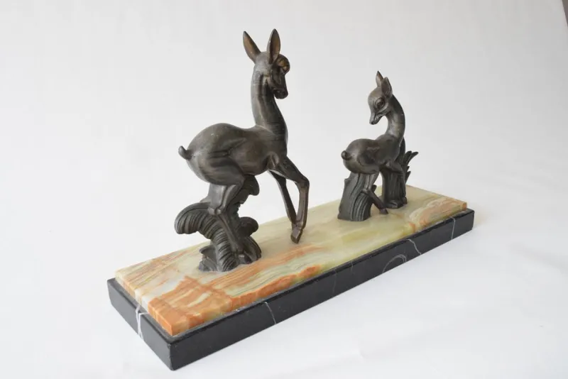 Pamono Vintage Art Deco Deer Sculpture Twin Deer Figurine on Marble Base