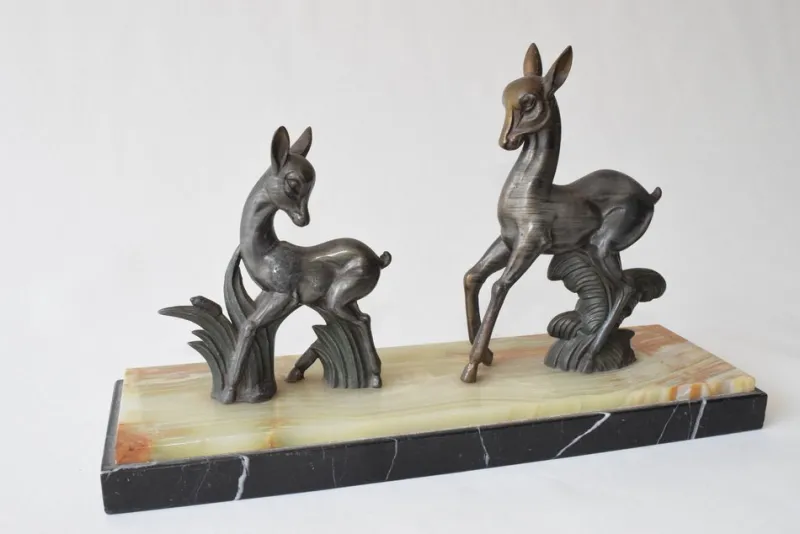 Pamono Vintage Art Deco Deer Sculpture Twin Deer Figurine on Marble Base