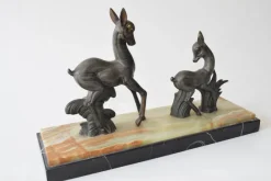 Pamono Vintage Art Deco Deer Sculpture Twin Deer Figurine on Marble Base