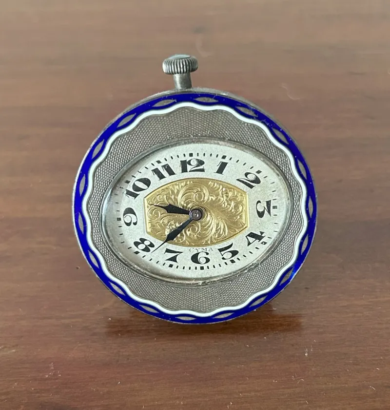 Pamono Vintage Art Deco Enamel Table Clock from Cyma, 1920s> Clocks