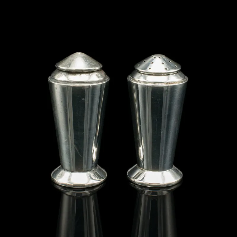 Pamono Vintage Art Deco English Condiment Set in Silver, 1930s, Set of 3> Salt & Pepper Shakers