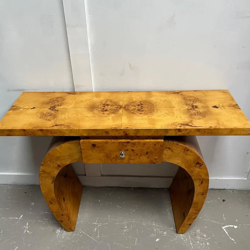 Sale Pamono Vintage Art Deco French Curved Leg Burr Walnut Console Table with Drawer