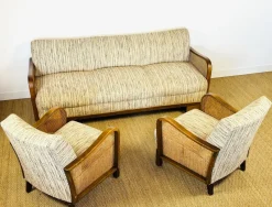 Best Pamono Vintage Art Deco Living Room Set in Curved Wood and Cane, 1950, Set of 3