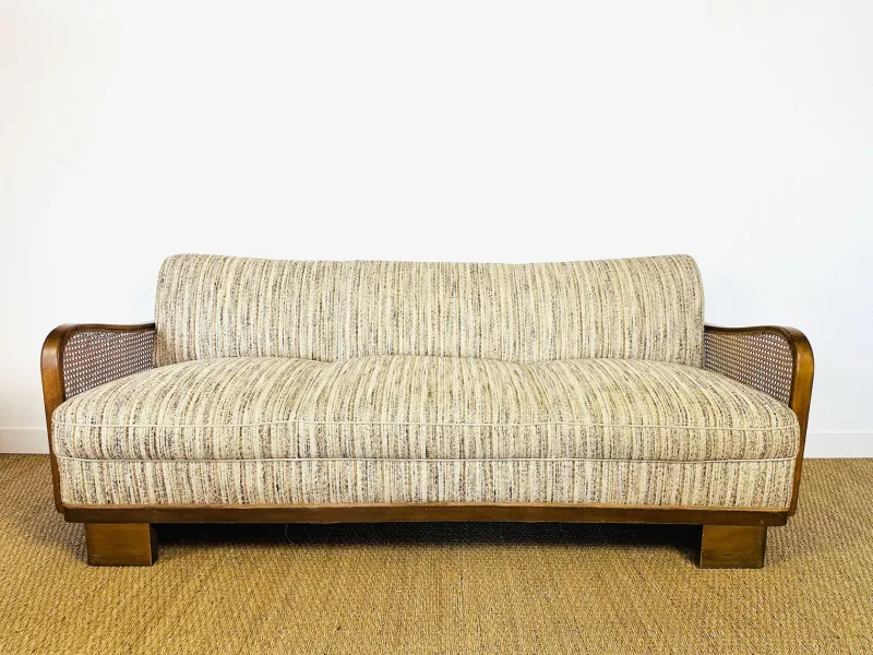 Best Pamono Vintage Art Deco Living Room Set in Curved Wood and Cane, 1950, Set of 3
