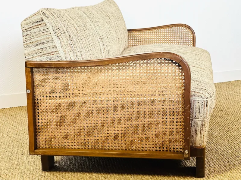 Best Pamono Vintage Art Deco Living Room Set in Curved Wood and Cane, 1950, Set of 3