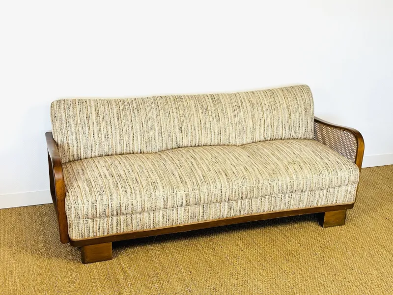 Best Pamono Vintage Art Deco Living Room Set in Curved Wood and Cane, 1950, Set of 3