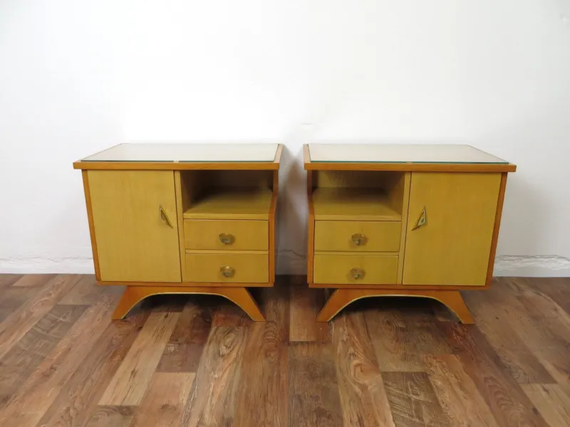 Clearance Pamono Vintage Bedside Tables with Drawers and Glass Top, 1950s, Set of 2