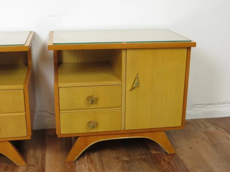 Clearance Pamono Vintage Bedside Tables with Drawers and Glass Top, 1950s, Set of 2