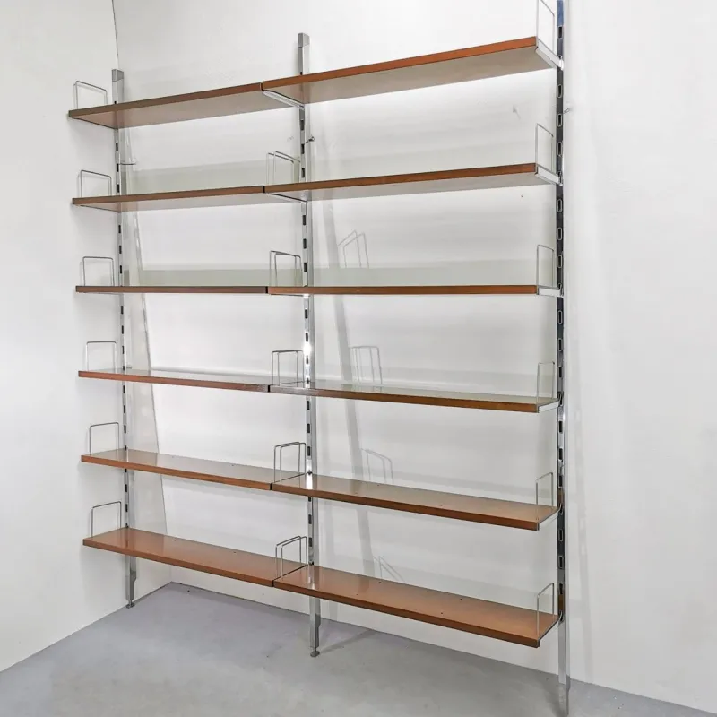 Clearance Pamono Vintage Bookcase in Steel and Walnut from Mim Roma, 1970s, Set of 2