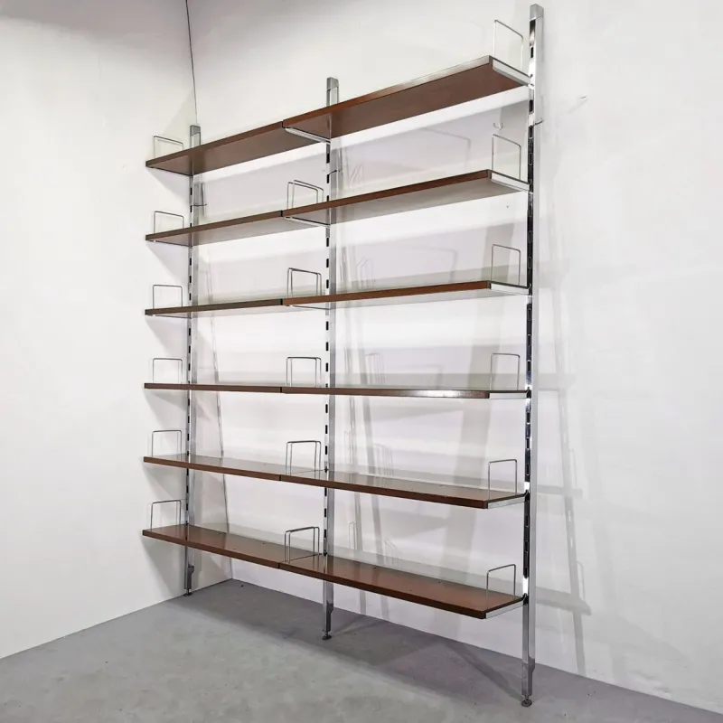 Clearance Pamono Vintage Bookcase in Steel and Walnut from Mim Roma, 1970s, Set of 2