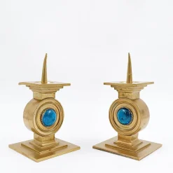 Pamono Vintage Brass Candlesticks with Blue Stone, Set of 2> Candleholders