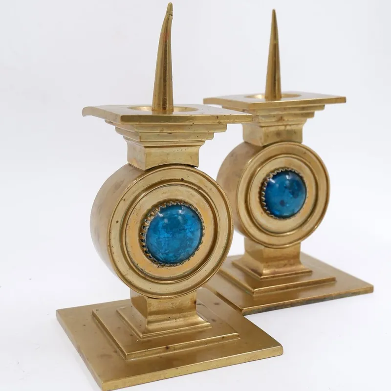 Pamono Vintage Brass Candlesticks with Blue Stone, Set of 2> Candleholders