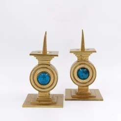 Pamono Vintage Brass Candlesticks with Blue Stone, Set of 2><noscript><img width=
