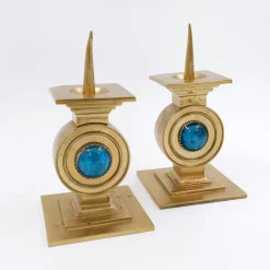 Pamono Vintage Brass Candlesticks with Blue Stone, Set of 2><noscript><img width=