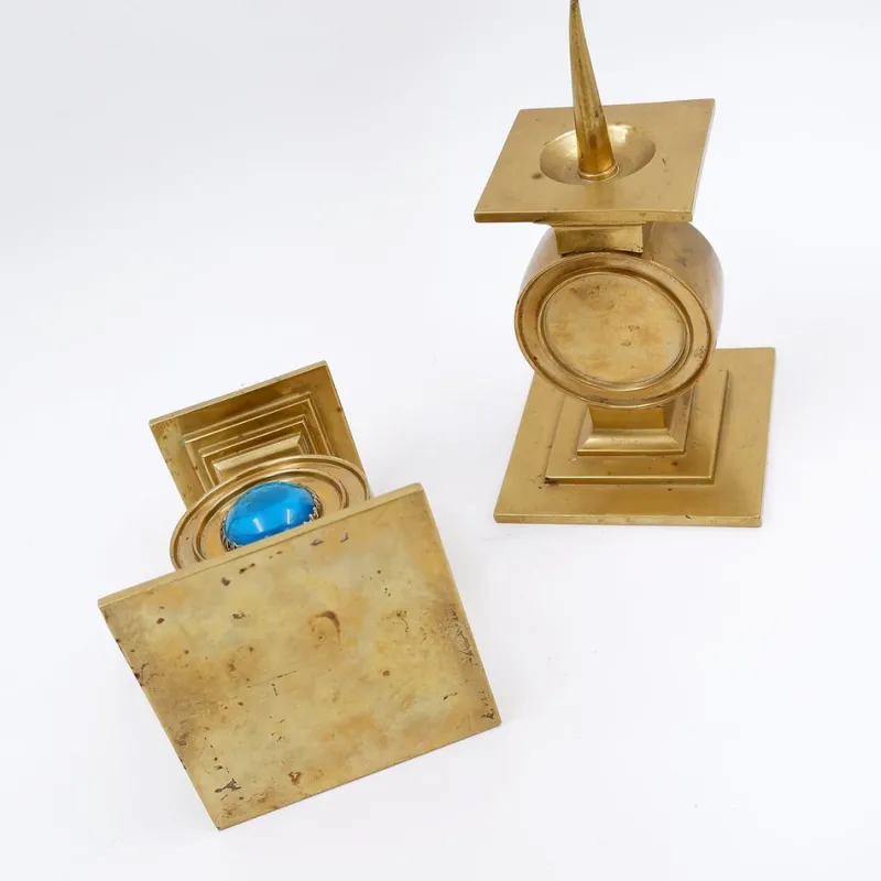 Pamono Vintage Brass Candlesticks with Blue Stone, Set of 2> Candleholders