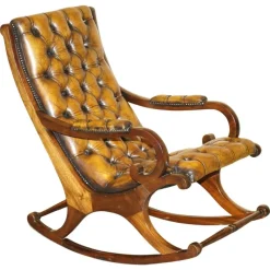 Pamono Vintage Brown Leather Chesterfield Rocking Armchair> Rocking Chairs
