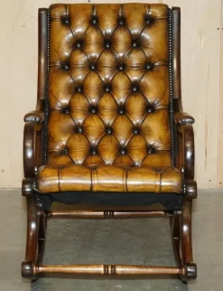 Pamono Vintage Brown Leather Chesterfield Rocking Armchair> Rocking Chairs