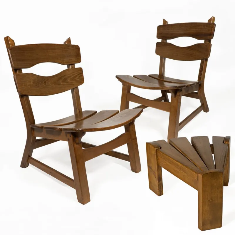 Clearance Pamono Vintage Brutalist Oak Fireplace Lounge Chairs & Side Table by Dittmann for Awa, 1960s, Set of 3