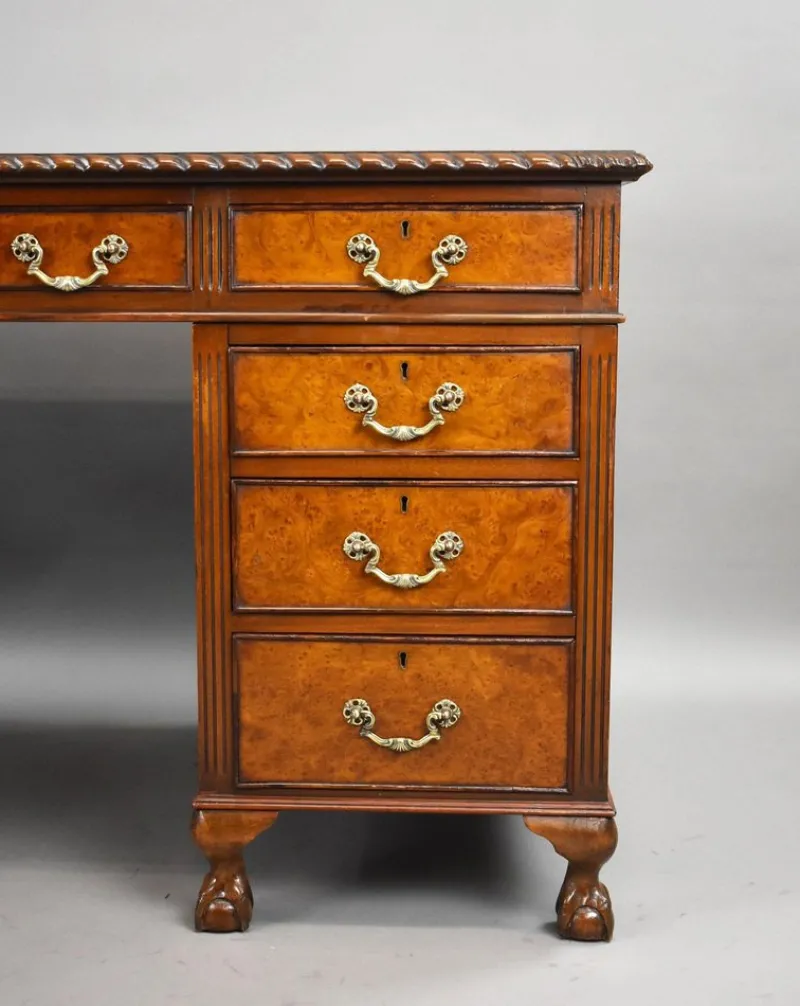 Pamono Vintage Burr Walnut Pedestal Desk, 1920> Desks