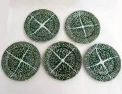 Pamono Vintage Cabbage Leaf Dinner Plates in Portugal Slipware, 1960s, Set of 5> Dinner Plates & Bowls