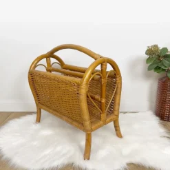 Pamono Vintage Caramel-Colored Bamboo and Rattan Magazine Rack, 1970s> Magazine Racks