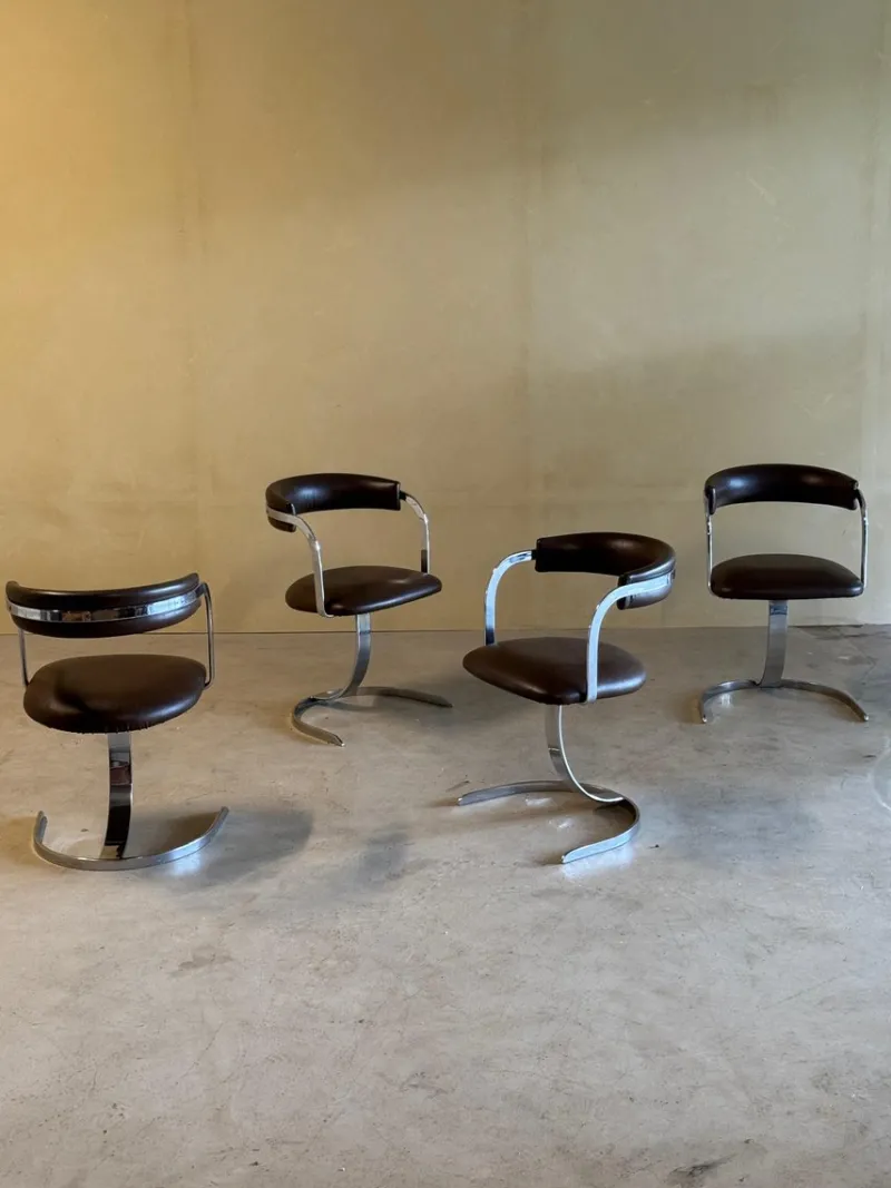 Pamono Vintage Cast Iron and Chromed Dining Chairs, 1970s, Set of 4> Side Chairs & Dining Chairs