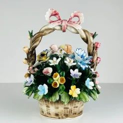 New Pamono Vintage Ceramic Basket with Flowers by S. Rioleva Capodimonte, Italy, 1960s