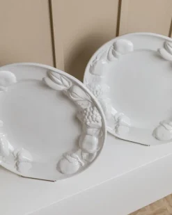 New Pamono Vintage Ceramic Plates in White Glaze with Fruit Relief, Italy, 1980s