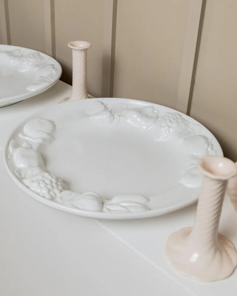 New Pamono Vintage Ceramic Plates in White Glaze with Fruit Relief, Italy, 1980s