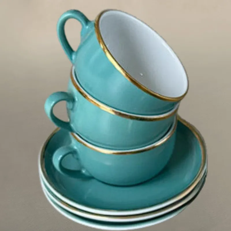Pamono Vintage Coffee Cups in Turquoise Green Porcelain with Gold Detailing from Mitterteich Bavaria, 1950s, Set of 12> Coffee & Tea Service