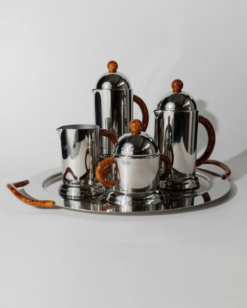 Pamono Vintage Coffee Service in Stainless Steel with Brown Details from Inoxpran, Italy, 1980s, Set of 5> Coffee & Tea Service