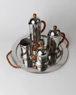 Pamono Vintage Coffee Service in Stainless Steel with Brown Details from Inoxpran, Italy, 1980s, Set of 5> Coffee & Tea Service