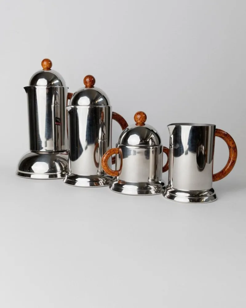 Pamono Vintage Coffee Service in Stainless Steel with Brown Details from Inoxpran, Italy, 1980s, Set of 5> Coffee & Tea Service