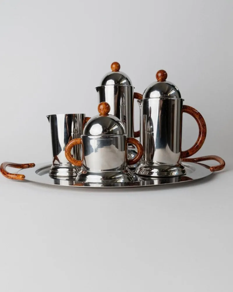 Pamono Vintage Coffee Service in Stainless Steel with Brown Details from Inoxpran, Italy, 1980s, Set of 5> Coffee & Tea Service