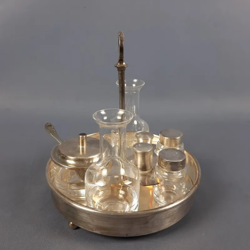 Pamono Vintage Crystal and Silver-Plated Metal Oil and Vinegar with Salt and Pepper Set, 1970s, Set of 5> Dinnerware Accessories