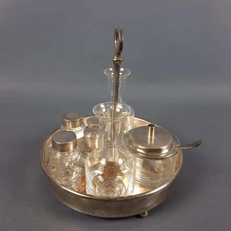Pamono Vintage Crystal and Silver-Plated Metal Oil and Vinegar with Salt and Pepper Set, 1970s, Set of 5> Dinnerware Accessories