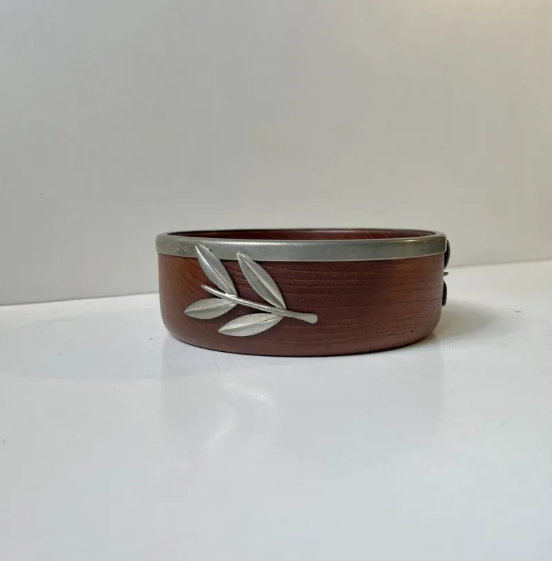 Best Pamono Vintage Danish Teak Bowl with Pewter Flowers, 1960s