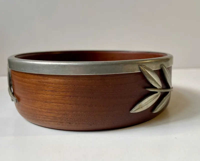 Best Pamono Vintage Danish Teak Bowl with Pewter Flowers, 1960s