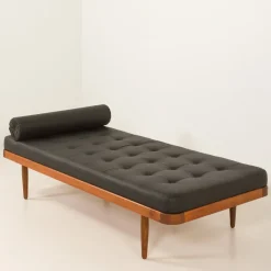 Pamono Vintage Danish Teak Daybed in Black Leather, 1960s><noscript><img width=