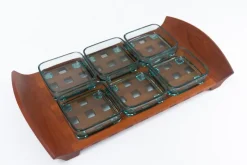 Clearance Pamono Vintage Danish Teak Tray with Glass Bowls from Jens Harald Quistgaard, 1960s, Set of 7