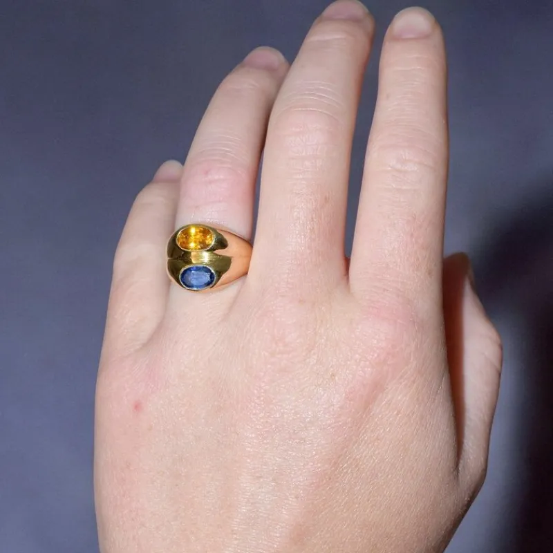 Pamono Vintage Double Band Ring in 18K Gold with Yellow and Blue Sapphire, 1980s> Rings