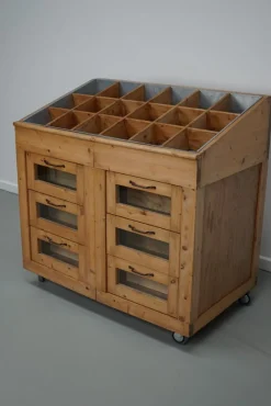 Pamono Vintage Dutch Pine Haberdashery Shop Cabinet with Glass Fronts><noscript><img width=