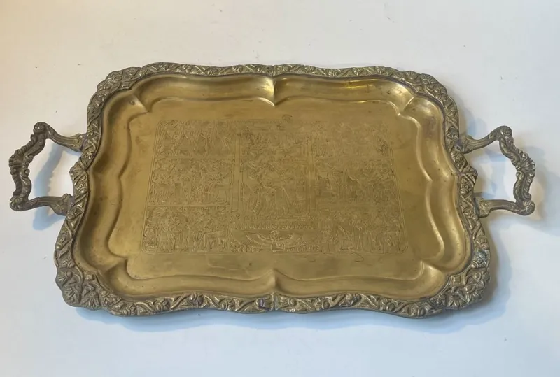 Pamono Vintage Egyptian Serving Tray in Engraved Brass, 1950s> Trays
