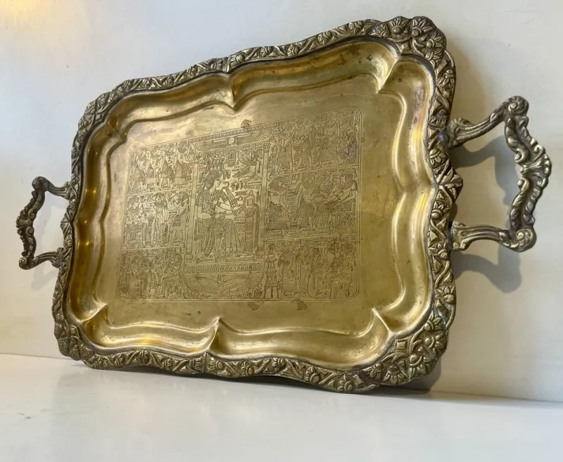 Pamono Vintage Egyptian Serving Tray in Engraved Brass, 1950s> Trays