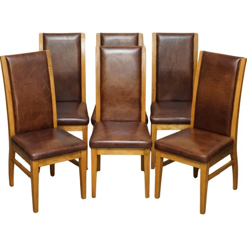 Pamono Vintage English Oak and Heritage Brown Leather Dining Chairs, Set of 6> Side Chairs & Dining Chairs