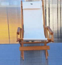 Pamono Vintage Foldable Deckchair in Light Mango Wood with Linen Cover from Camel, 1980s><noscript><img width=