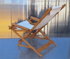 Pamono Vintage Foldable Deckchair in Light Mango Wood with Linen Cover from Camel, 1980s><noscript><img width=
